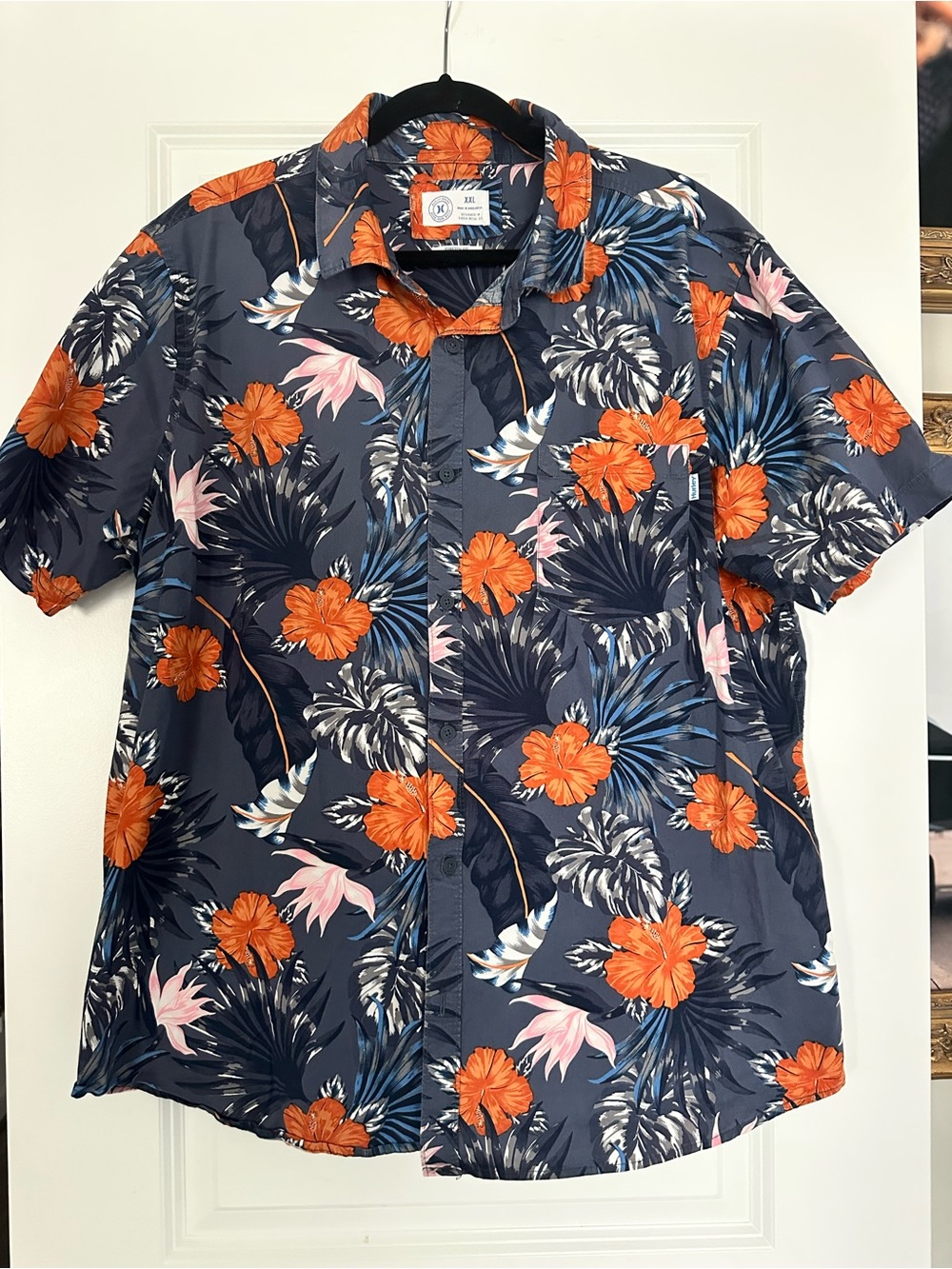 Hurley Navy Button-Down Shirt with Orange Floral Print
